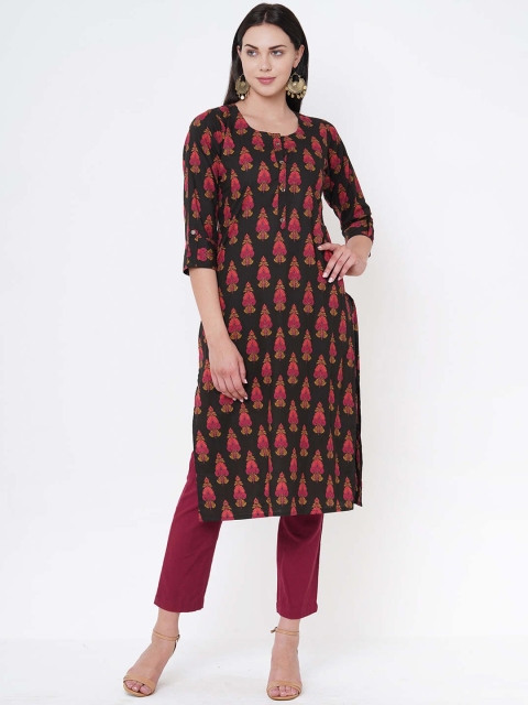 

ZOLA Women Black & Pink Ethnic Motifs Printed Pure Cotton Straight Kurta