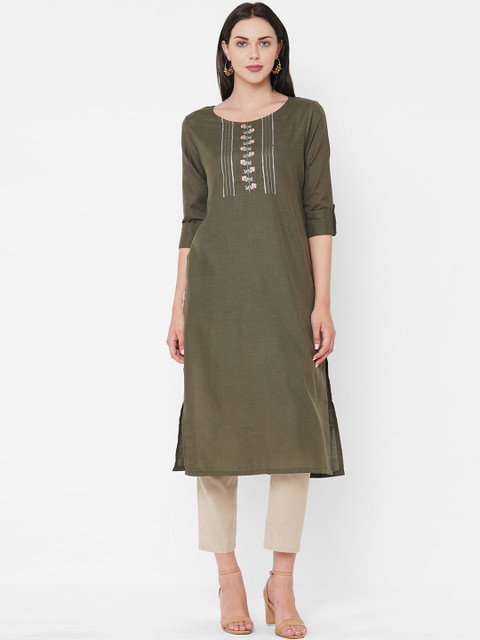 

ZOLA Women Olive Green Floral Embroidered Kurta