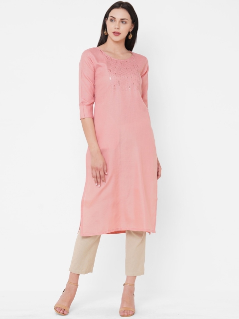 

ZOLA Women Baby Pink Rayon Embellished Straight Kurta