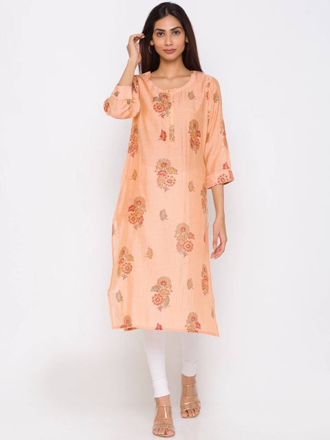 

ZOLA Women Peach-Coloured & Pink Floral Printed Kurta