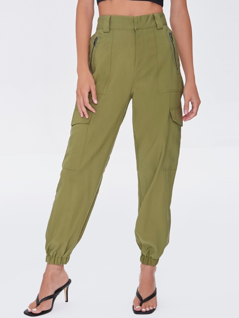 

FOREVER 21 Women Green Solid High-Rise Joggers Trousers