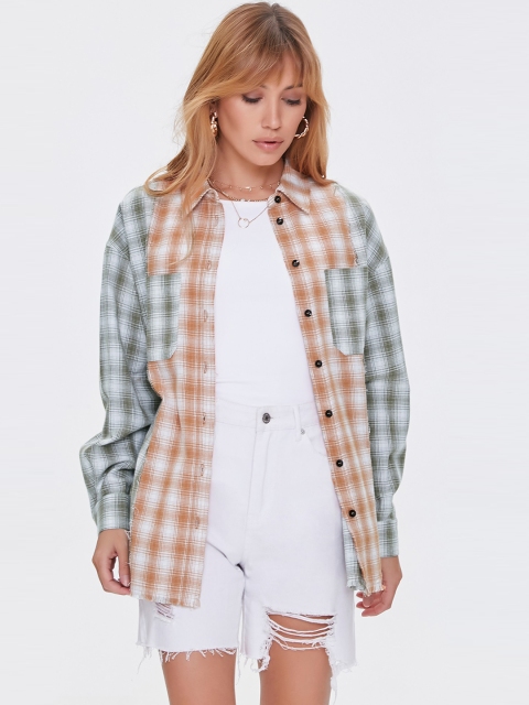 

FOREVER 21 Women Green & Rust Plaid Pure Cotton Casual Shirt
