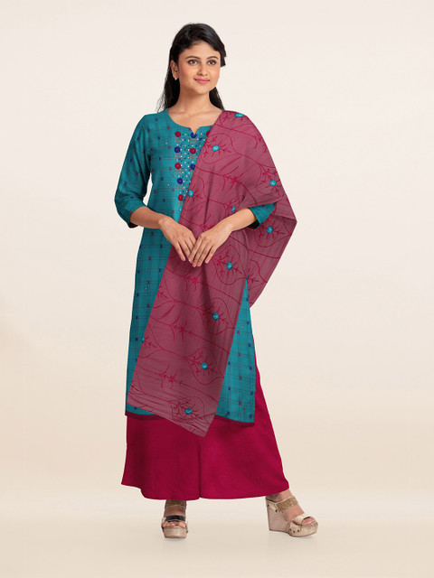 

Pothys Blue & Red Embroidered Unstitched Dress Material
