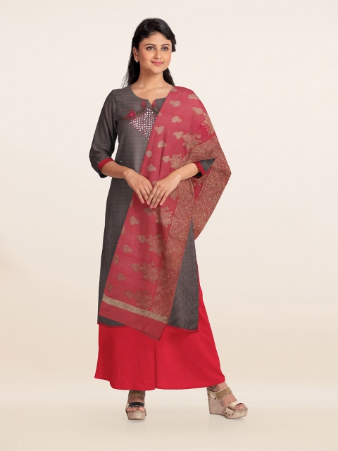 

Pothys Brown & Red Embellished Unstitched Dress Material