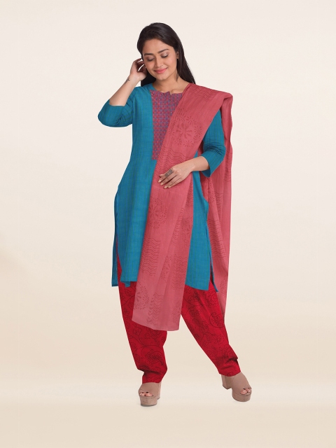 

Pothys Blue & Red Printed Unstitched Dress Material