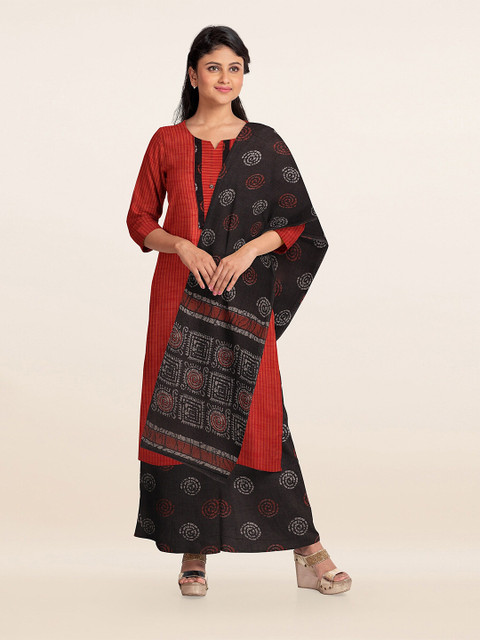 

Pothys Orange & Black Printed Unstitched Dress Material