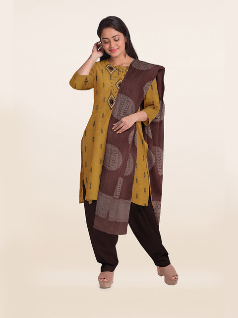 

Pothys Yellow & Brown Embroidered Unstitched Dress Material