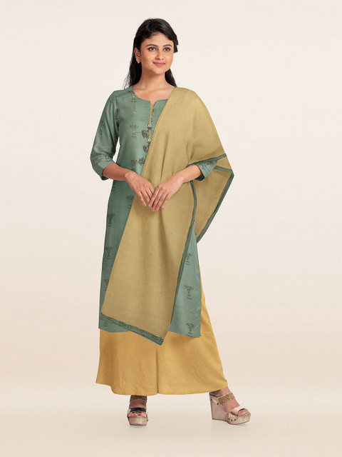

Pothys Green & Cream-Coloured Printed Unstitched Dress Material