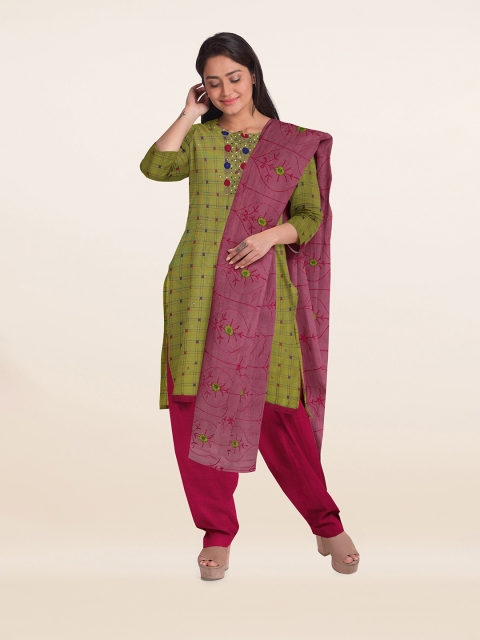 

Pothys Green & Pink Embroidered Unstitched Dress Material