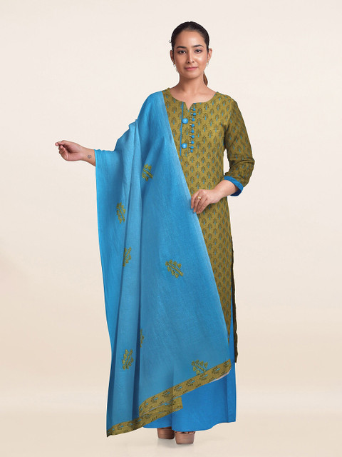 

Pothys Green & Blue Printed Unstitched Dress Material