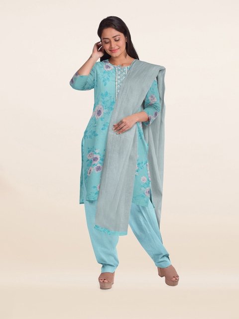 

Pothys Blue & Pink Floral Printed Unstitched Dress Material