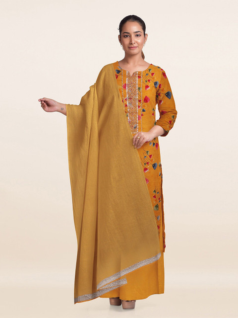 

Pothys Mustard & Beige Printed Unstitched Dress Material
