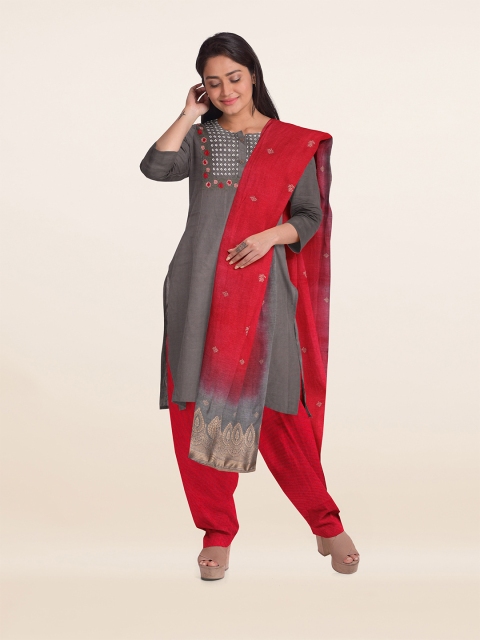 

Pothys Grey & Red Embroidered Unstitched Dress Material