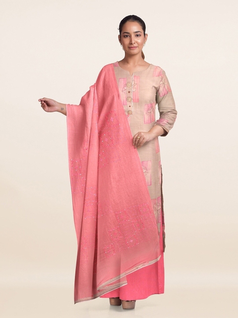 

Pothys Cream-Coloured & Pink Printed Unstitched Dress Material