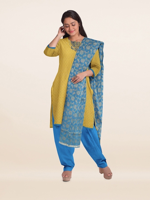 

Pothys Green & Blue Embroidered Unstitched Dress Material