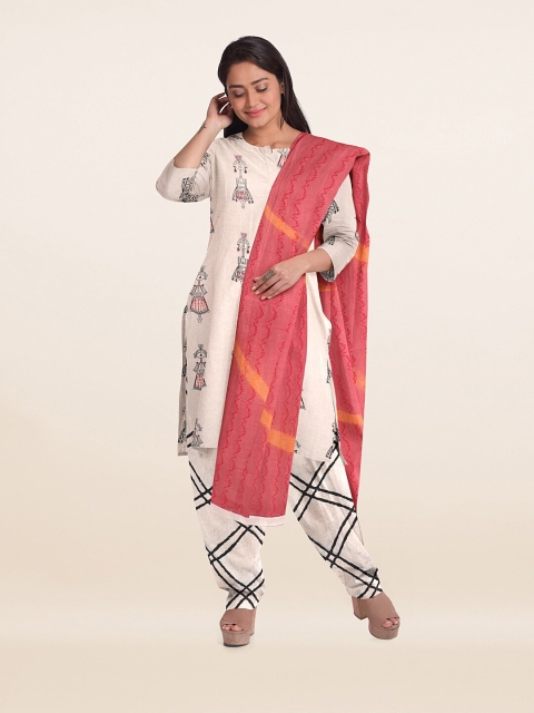 

Pothys Cream-Coloured & Black Printed Unstitched Dress Material