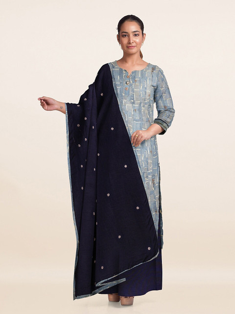 

Pothys Grey & Navy Blue Embellished Unstitched Dress Material