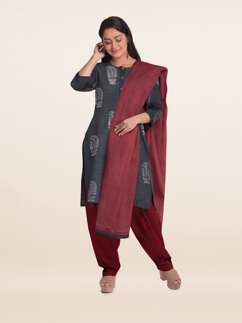 

Pothys Grey & Maroon Printed Unstitched Dress Material
