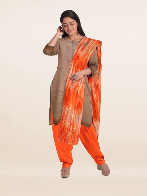 

Pothys Brown & Orange Embroidered Unstitched Dress Material
