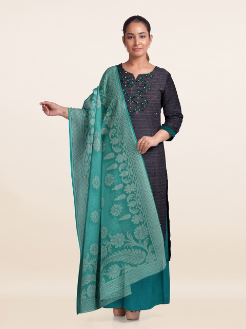 

Pothys Navy Blue & Sea Green Embroidered Unstitched Dress Material