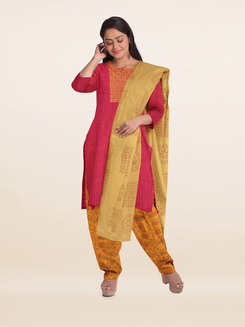 

Pothys Pink & Yellow Printed Unstitched Dress Material