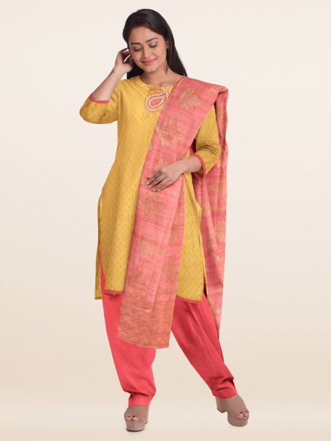 

Pothys Yellow & Peach-Coloured Embroidered Unstitched Dress Material