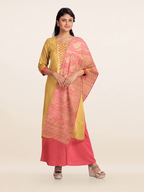 

Pothys Yellow & Pink Woven Designed & Embroidered Unstitched Dress Material