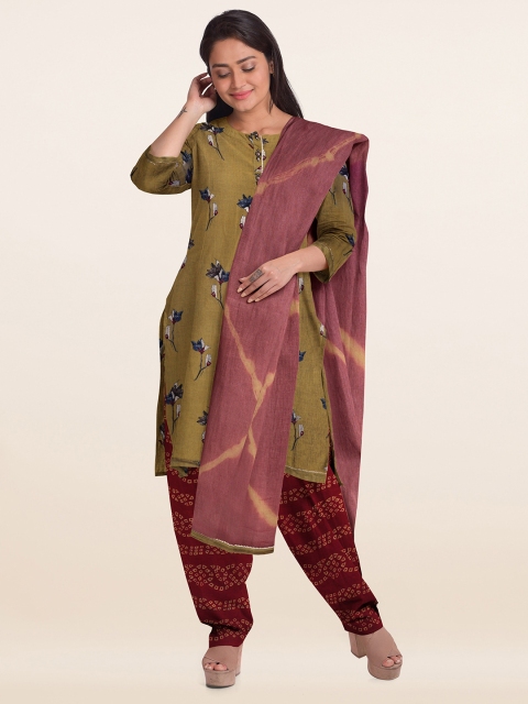 

Pothys Green & Maroon Printed Unstitched Dress Material