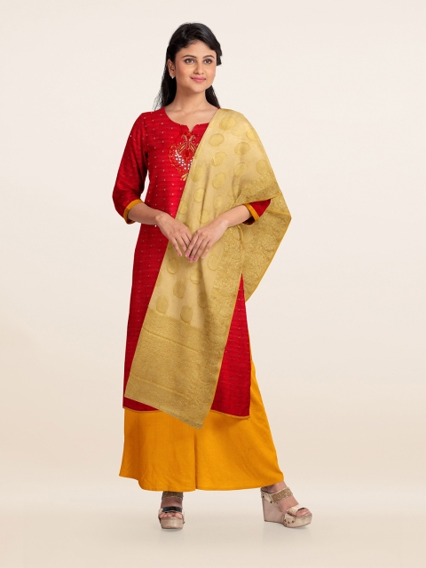 

Pothys Red & Yellow Embellished Unstitched Dress Material