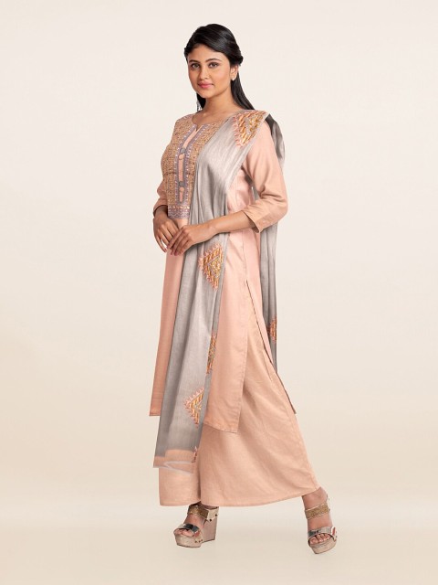 

Pothys Peach-Coloured & Grey Embroidered Unstitched Dress Material