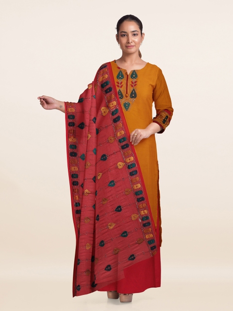 

Pothys Mustard & Red Embroidered Unstitched Dress Material