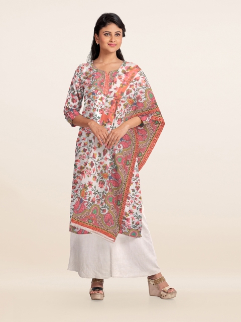 

Pothys Cream-Coloured & Peach-Coloured Printed Unstitched Dress Material