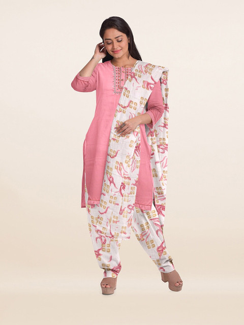 

Pothys Pink & White Embroidered Unstitched Dress Material