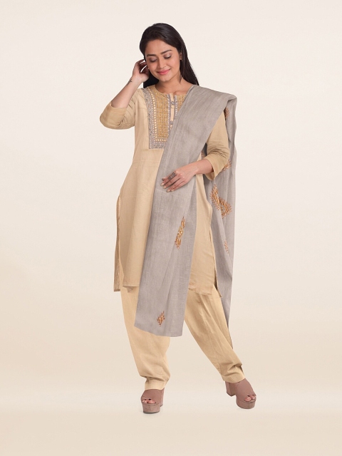 

Pothys Cream-Coloured & Grey Embroidered Unstitched Dress Material