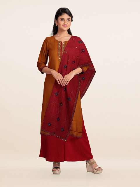 

Pothys Mustard & Maroon Embroidered Unstitched Dress Material
