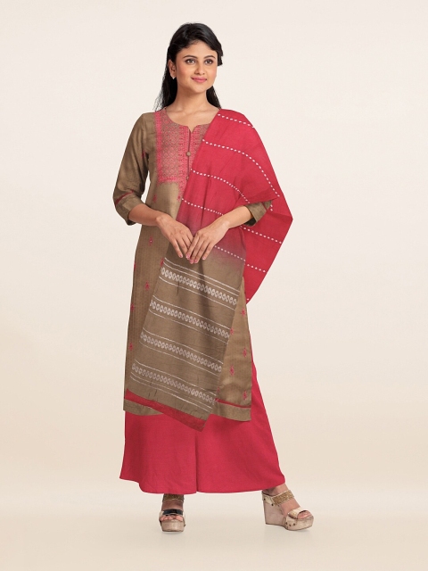 

Pothys Tan & Pink Embroidered Unstitched Dress Material
