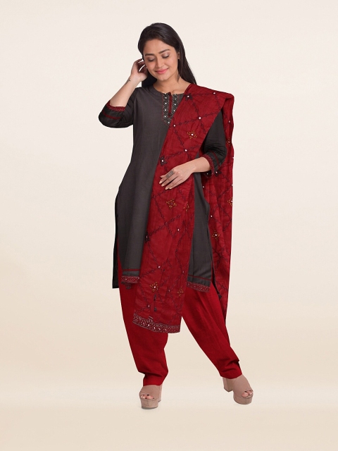 

Pothys Grey & Red Unstitched Dress Material