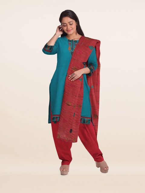 

Pothys Teal Blue & Red Unstitched Dress Material