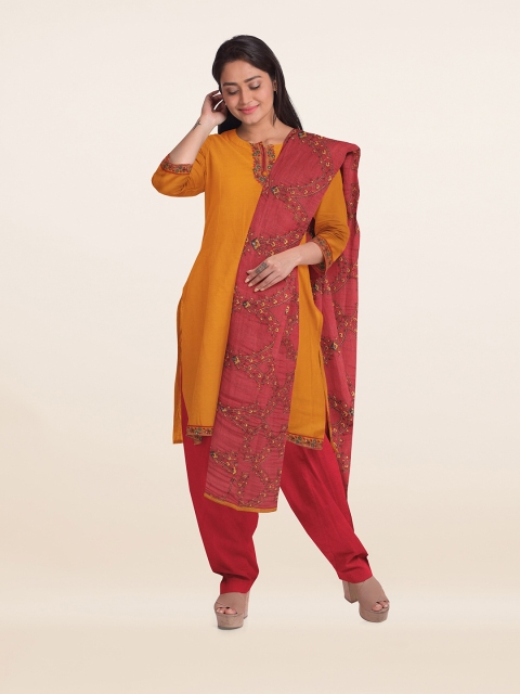 

Pothys Mustard & Red Embroidered Unstitched Dress Material