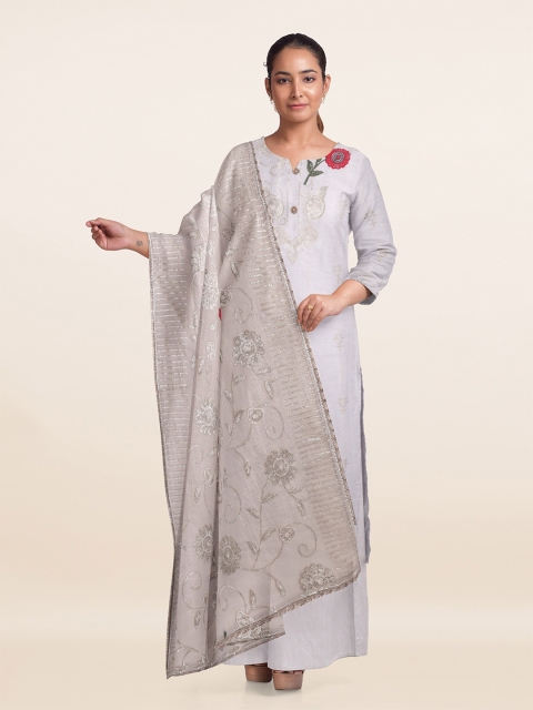 

Pothys Off White & Grey Embellished Unstitched Dress Material