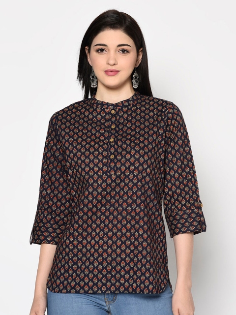 

GULMOHAR JAIPUR Navy Blue & Orange Mandarin Collar Regular Top