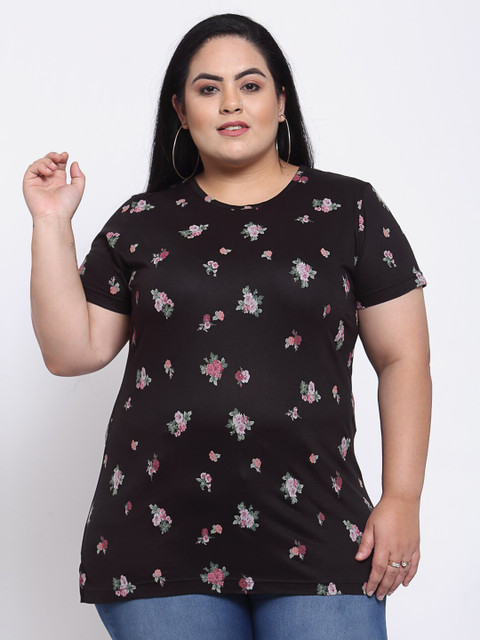 

plusS Women Black & Pink Floral Printed T-shirt