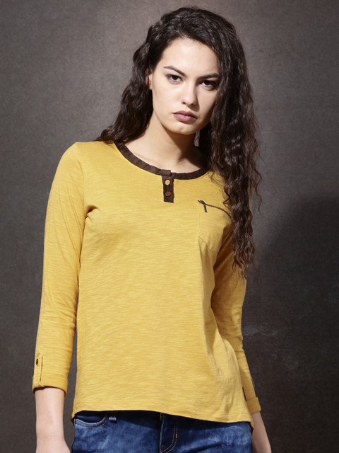 

Roadster Women Mustard Yellow Solid Henley T-shirt