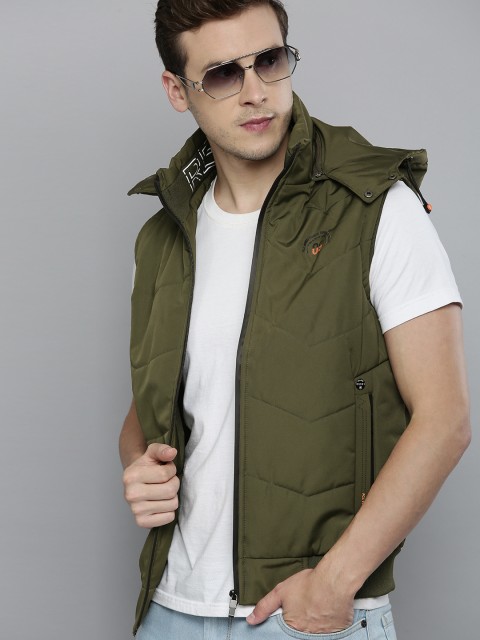 

Fort Collins Men Olive Green Solid Lightweight Hooded Sleeveless Bomber Jacket