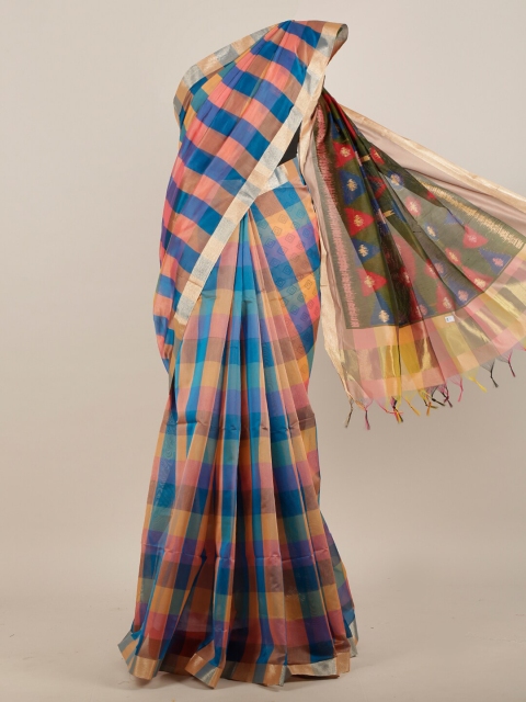 

Pothys Pink & Blue Checked Zardozi Pure Cotton Saree