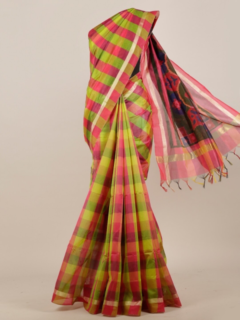 

Pothys Green & Pink Checked Pure Cotton Saree