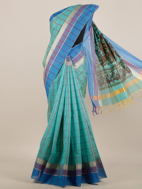 

Pothys Turquoise Blue & Red Checked Pure Cotton Saree