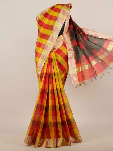 

Pothys Yellow & Red Checked Zari Pure Cotton Saree