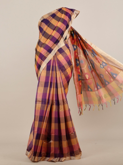 

Pothys Purple & Yellow Checked Pure Cotton Saree