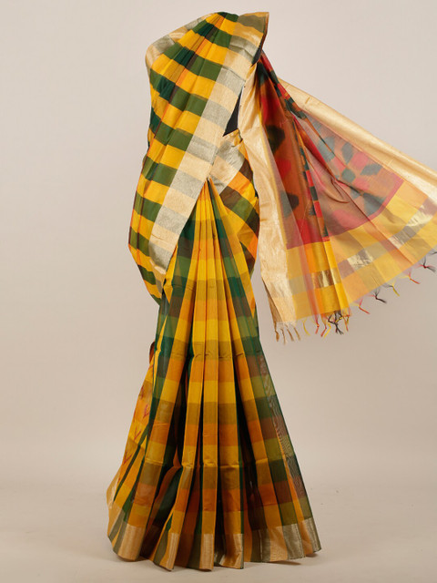 

Pothys Yellow & Green Checked Zari Pure Cotton Saree